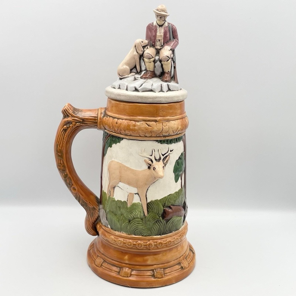 Vintage 1970s Hunter Beer Stein Lidded Ceramic Mug Deer Dog Figural Lid 13"